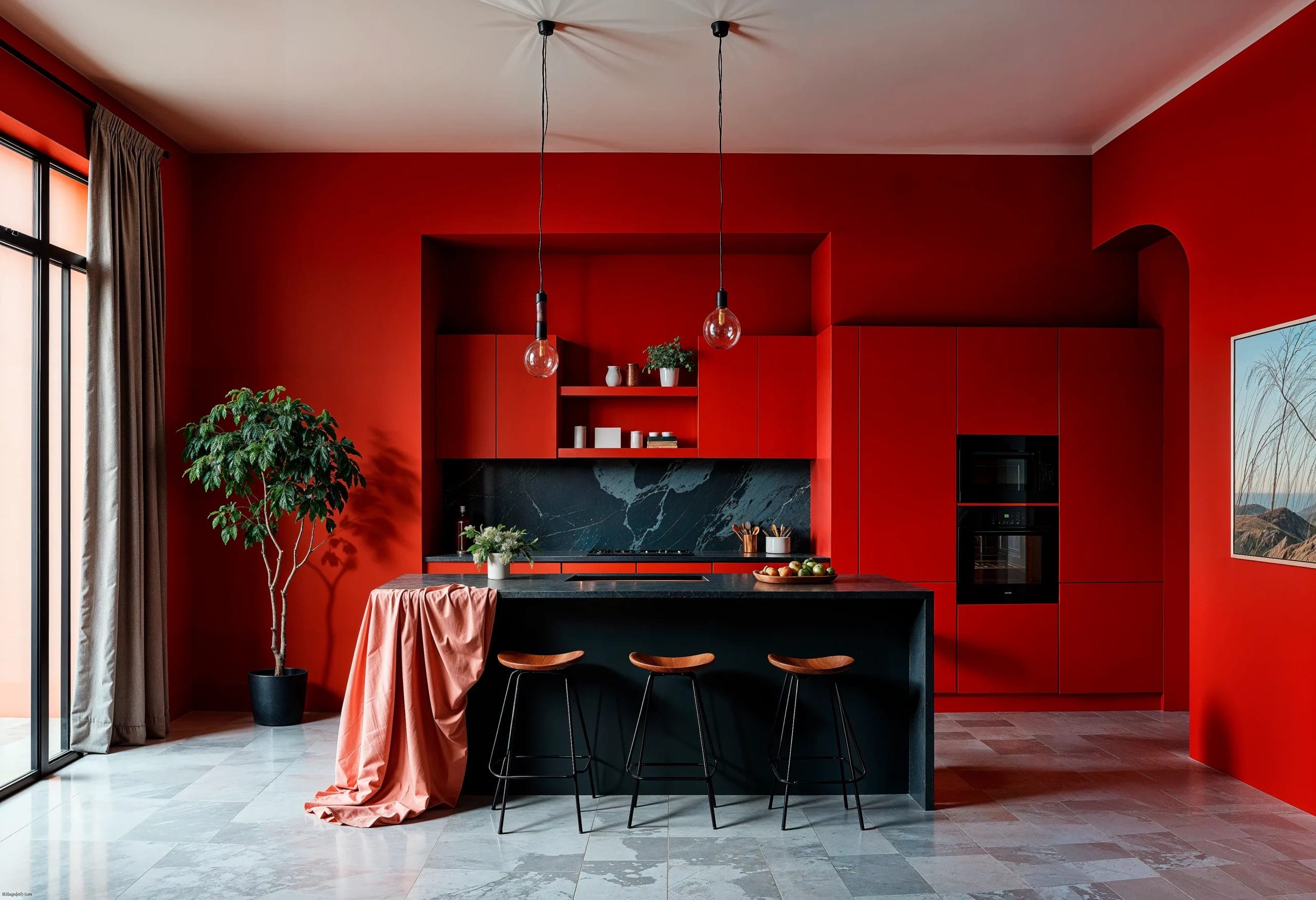 الوان مطبخ خشب احمر